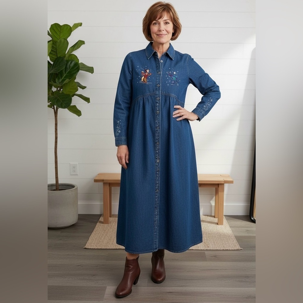 Vintage Disney XL Denim Long Sleeve Jean Dress Embroidery Winnie Pooh Tigger EUC